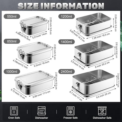 Umigy 6 Pcs Stainless Steel Food Containers 550/850/1000/1200/1400/24000 ml Metal Bento Lunch Box Stainless Steel Food Storage Containers, Lockable Clips to Leak Proof, Reusable Dishwasher Snack Box