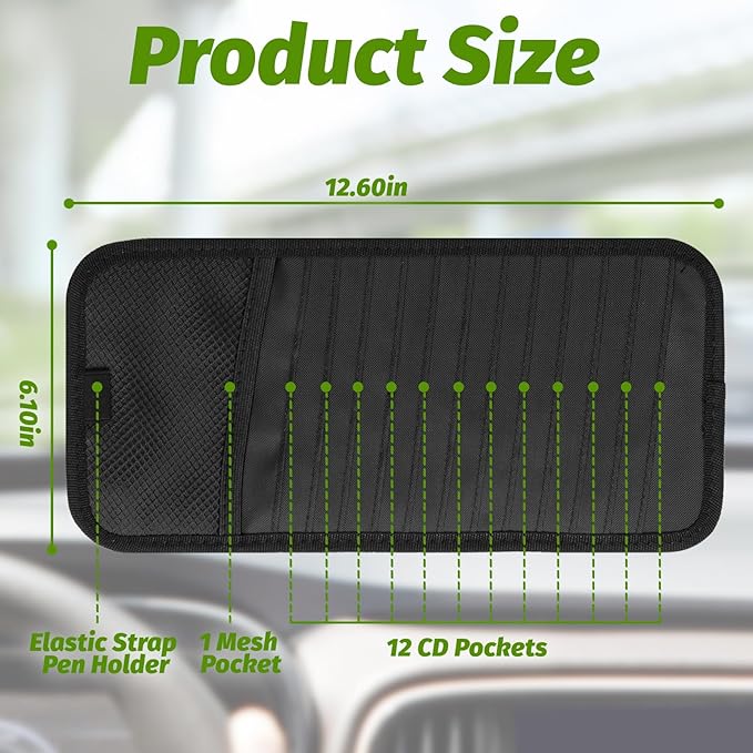 CD Visor Holder for Car, Large Capacity CD & DVD Visor Case, Vehicle Visor Storage Organizer with 12 Disc Sleeves, 1 Mesh Pocket 1 Pen Holder and & Elastic Band (Black)