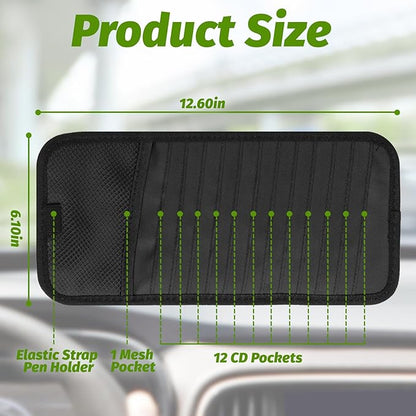 CD Visor Holder for Car, Large Capacity CD & DVD Visor Case, Vehicle Visor Storage Organizer with 12 Disc Sleeves, 1 Mesh Pocket 1 Pen Holder and & Elastic Band (Black)