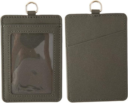Leather Badge Holder, Vertical ID Card Holder with Clear Window, 2 Elastic Card Slots & Detachable Lanyard for Offices, School (Gray)