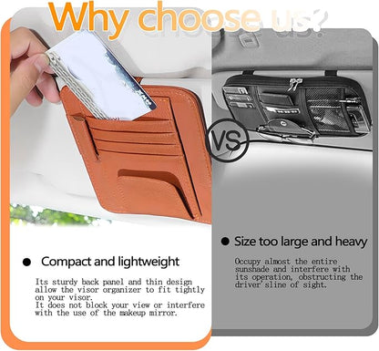 2Pcs Car Sun Visor Organizer, Slim Leather Sunglass Holder for Car, Auto Document Holder for Card, Sunglasses, Insurance, Registration, Pen, Receipt (Brown+Khaki)