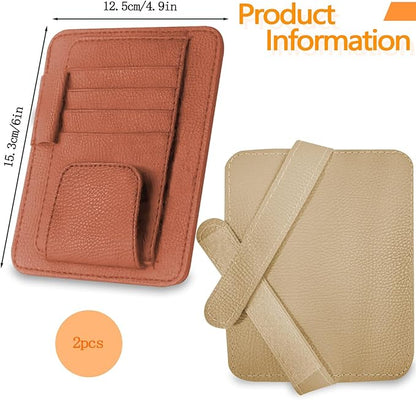 2Pcs Car Sun Visor Organizer, Slim Leather Sunglass Holder for Car, Auto Document Holder for Card, Sunglasses, Insurance, Registration, Pen, Receipt (Brown+Khaki)