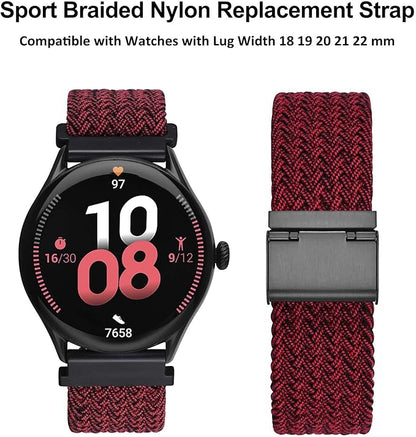 WOCCI 19mm Braided Nylon Watch Band for Men and Women, Quick Release, Black Stainless Steel Buckle (Red Black)