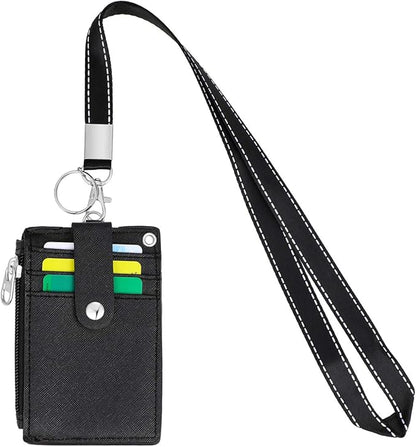 HASFINE 2 Pack ID Badge Holder with Lanyard,2 Sided 5 Card Slots ID Card Holder Wallet with PU Leather Zipper Pocket and Detachable Keychain Lanyard for Teens Men Women(Black & Pink)