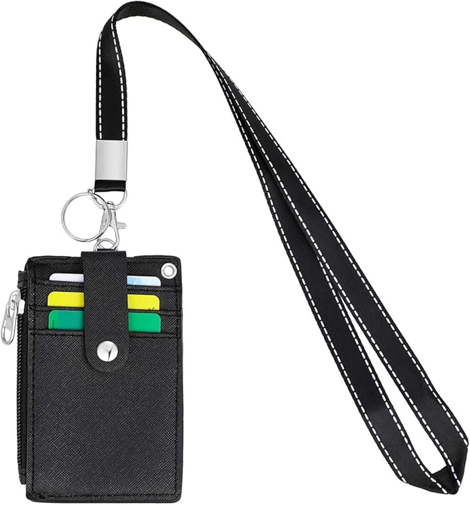 HASFINE 2 Pack ID Badge Holder with Lanyard,2 Sided 5 Card Slots ID Card Holder Wallet with PU Leather Zipper Pocket and Detachable Keychain Lanyard for Teens Men Women(Black)