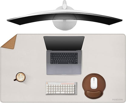 MAIDERN 40”x 24” Leather Desk Pad, Reversible Large Desk Mat, Cork & Leather Large Mouse pad for Desk, Waterproof Computer Desk Pad for Gaming Home Office (Cream)