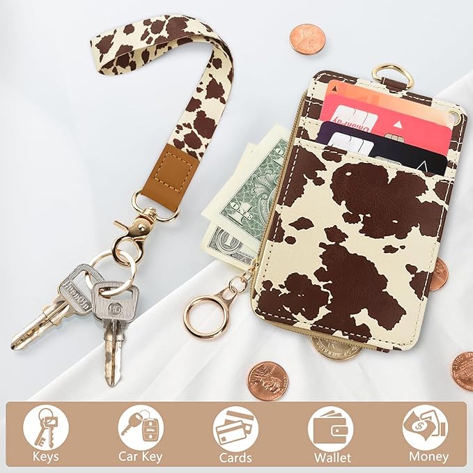 bolimoss Cow Print Lanyards for ID Badges and Keys,2-in-1 Cute ID Badge Holder & Lanyard Wallet,PU Leather Wallet Lanyard Card Name Tag Protector for Nurses, Doctors, Teachers, Students (Brown)