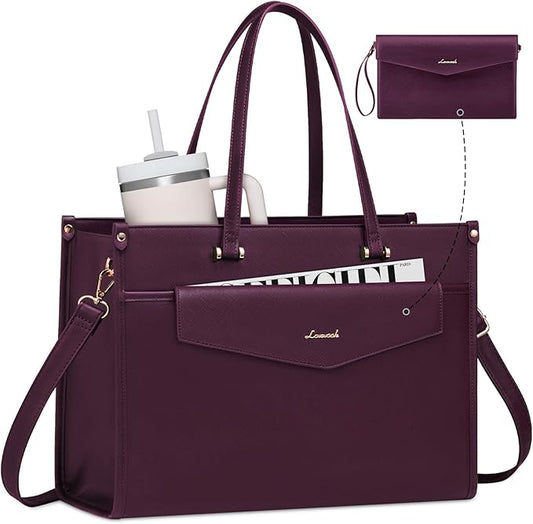 LOVEVOOK Laptop Bag for Women, 15.6'' Laptop Tote Purse 2-in-1 Professional Work Bag Business Briefcase with Clutch Purse, Waterproof Leather Computer Handbag for Teacher Office Travel