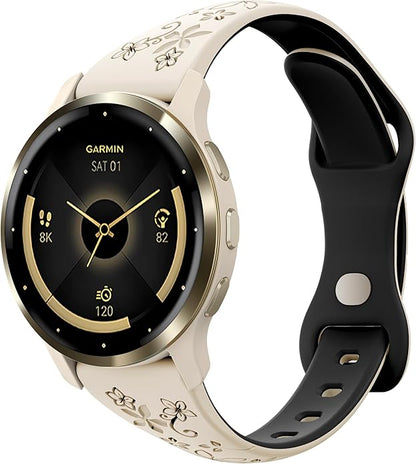 Laband 18mm Floral Engraved Band Compatible With Garmin Venu 3S 41mm/Venu 2S/Vivoactive 4S/Vivomove 3S/Venu 4 41mm/Forerunner 255S/Forerunner 265S,Soft Slim Silicone Cute Embossed Flower Strap for Men