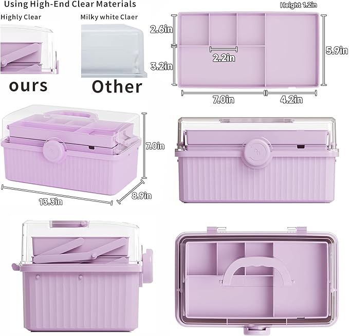 Yieach 3-Layer Plastic Art Supply Storage Organizer and First aid Organizer with Portable Handled and Multipurpose Home Medication Organizers Storage Box for Ivf Must Haves Medicine Storage,Purple