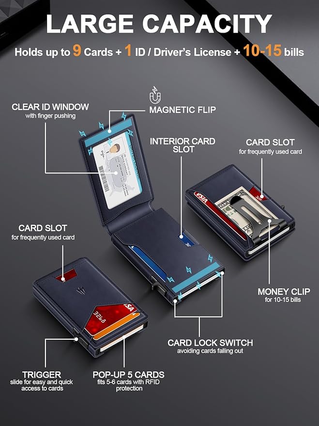 Wallet for Men, Slim Minimalist Wallet with Money Clip＆ID Window, RFID Blocking Pop-Up Credit Card Holder, Smart Auminum Mens Wallet Holds 9-13 Cards (Gift Box) (Blue)