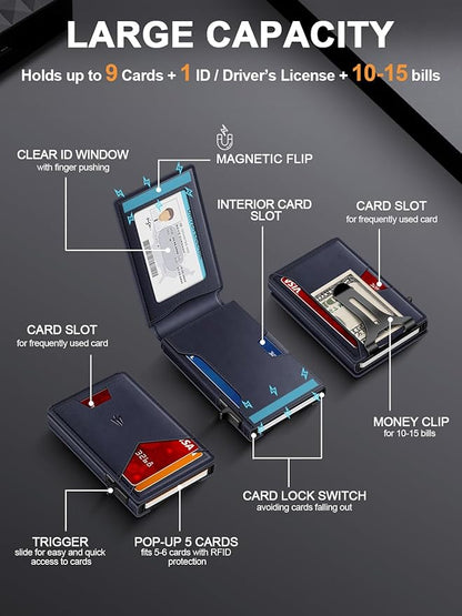Wallet for Men, Slim Minimalist Wallet with Money Clip＆ID Window, RFID Blocking Pop-Up Credit Card Holder, Smart Auminum Mens Wallet Holds 9-13 Cards (Gift Box) (Blue)