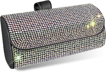 Bling Sunglasses Holder for Car Sun Visor, Rhinestone Auto Eyeglasses Mount Clip Organizer, Leather Sunvisor Sunglasses Storage Case, Universal Glasses Holder Clips for SUV, Sedan, Van (AB)