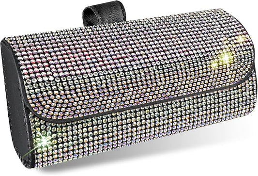 Bling Sunglasses Holder for Car Sun Visor, Rhinestone Auto Eyeglasses Mount Clip Organizer, Leather Sunvisor Sunglasses Storage Case, Universal Glasses Holder Clips for SUV, Sedan, Van (AB)