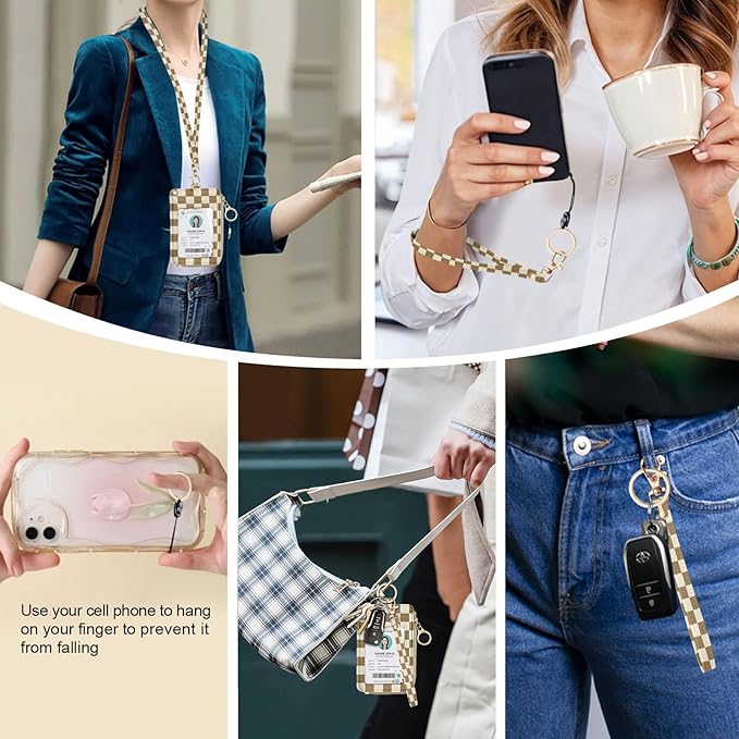bolimoss Checkered ID Badge Holder & Lanyard Wallet for Teachers Nurse Women, Cute RFID Zippered Coin Pouch,Removable Wristlet & Neck Lanyard, 5 Card Slots, Phone Holder, Keyring