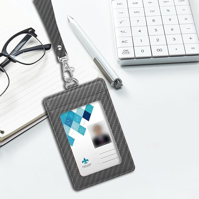 Carbon Fiber Work ID Card Holder with Lanyard is a Stylish and Durable Card Holder with Dual Card Capacity, Clear Display Window and Privacy Back Pocket (Dark Gray)