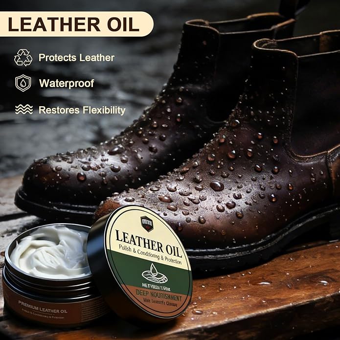 Leather Care Kit - Leather Polish, Cleaning & Conditioning Kit with 100g Saddle Soap & 100g Leather Oil, 2 Horsehair Brushes, Cloth, Sponge - Leather Boot Care Kit Gift for Men & Women