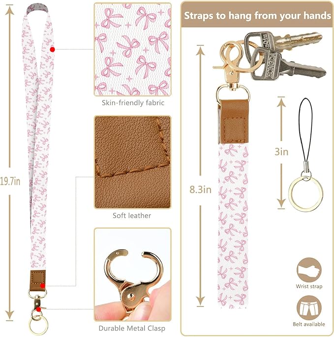 bolimoss Pink Bow Lanyard Wallet, Cute ID Badge Holder with Breakaway Neck & Wristlet Keychain Lanyards, Pu Leather Multiple Zip Id Case Wallet for Women Office Teacher Student Workers