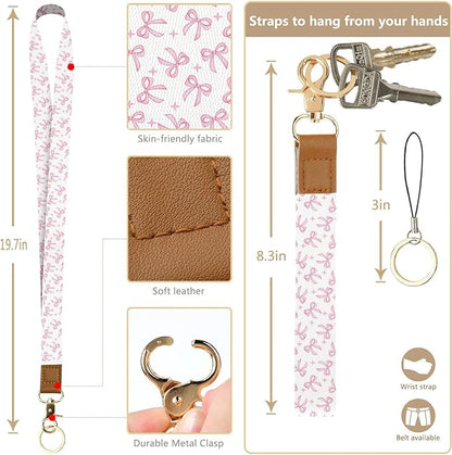 bolimoss Pink Bow Lanyard Wallet, Cute ID Badge Holder with Breakaway Neck & Wristlet Keychain Lanyards, Pu Leather Multiple Zip Id Case Wallet for Women Office Teacher Student Workers