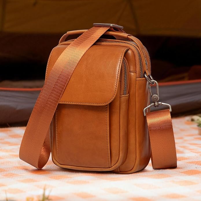 Augus Leather Small Messenger Bag For Men Crossbody Handbag Shoulder Sling Travel Bags for Men Purse Daypack Magnetic Buckle