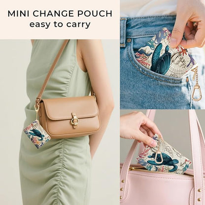 Sea Turtle Keychain Coin Purse for Women, Small PU Leather Change Pouch, Zipper Little Tiny Travel Wallet for Girls, Cute Kawaii Zip Pocket Coin Holder with Key Ring