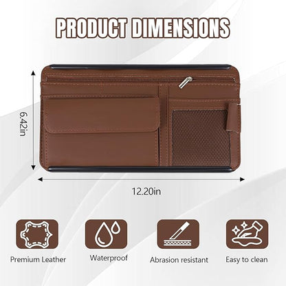 Hovom Car Visor Organizer, Leather Multi-Pocket Auto Sun Visor Storage Pouch with Sunglasses Holder, Card Holder, Zipper Pocket, Net Pocket, Pen Slot, Universal Interior Car Accessories (Brown)