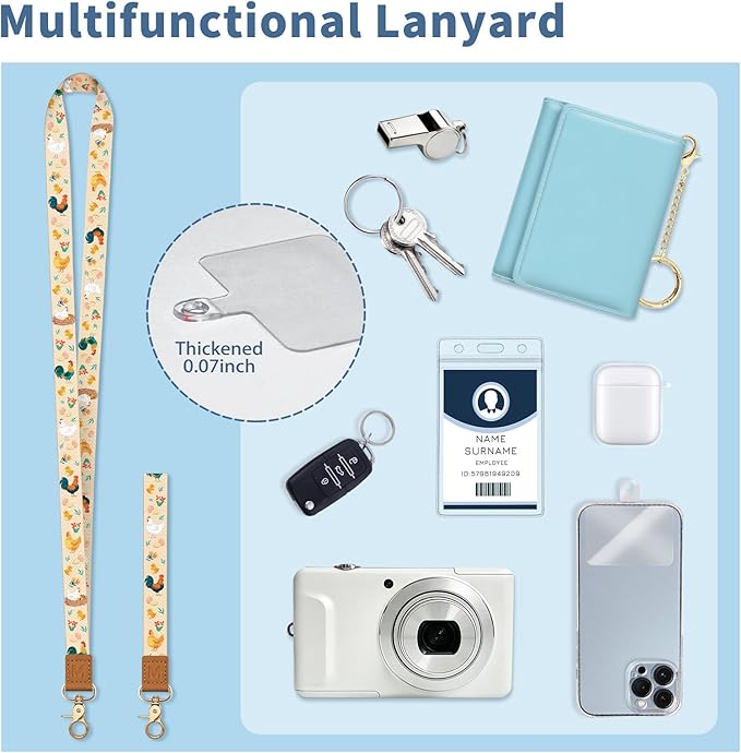 Lanyard Wallet with Id Badge Holder, Chicken RFID Small Keychain Wallet Women Wristlet, Cute Zipper Credit Card Holder Phone Wrist Neck Strap for Key Name Tag, Teacher Student Office Gifts