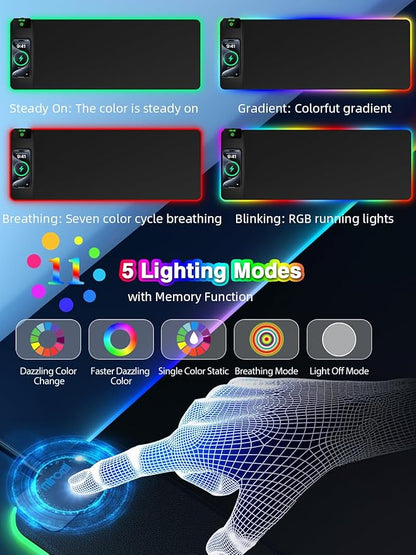 Magnetic Charging Mouse Pad, 31.5x11.81 Inch XL Gaming Mousepad, 11+5 RGB Lighting Modes, Home Office Large Desk Pad with Ultra-Smooth Surface, Non-Slip, Waterproof Keyboard Pad Classic Black Desk Mat
