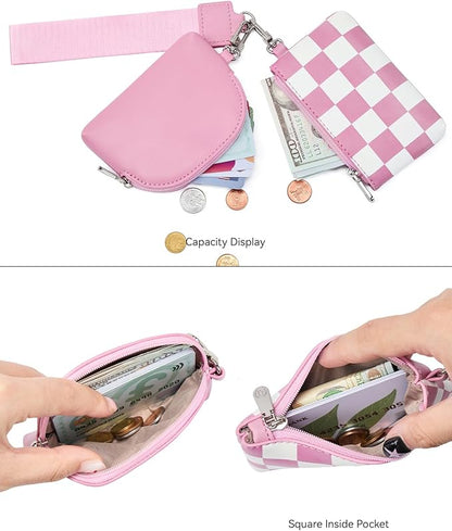 BOSTANTEN Small Wallet Checkered, Wristlet Wallets for Women RFID Detachable Dual Pouch Keychain Wristlet Wallet Cute Coin Purse, Pink and White
