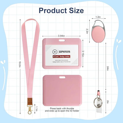 Badge Holder and Retractable Reel with Lanyard, Hard Plastic Key Card Work Badge Sleeve for Office School Factory Teacher Women Men (Pink, Horizontal)