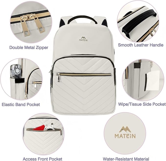 MATEIN Travel Laptop Backpack, Anti Theft Quilted Slim Backpacks for Women with Detachable Keychain Hook, Teacher Doctor Nurse Carry on Bags Purse Fits 15.6 Inch Notebook, White
