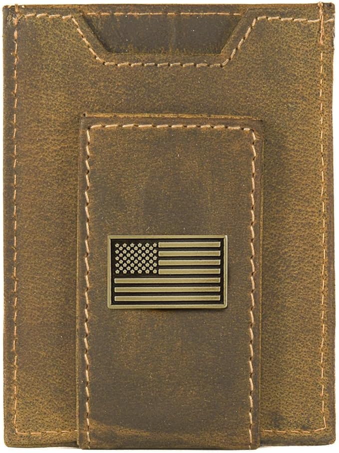 ZEP-PRO American Flag Vintage Tan Leather Magnetic Front Pocket Wallet, Slim Stylish for Men