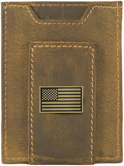 ZEP-PRO American Flag Vintage Tan Leather Magnetic Front Pocket Wallet, Slim Stylish for Men