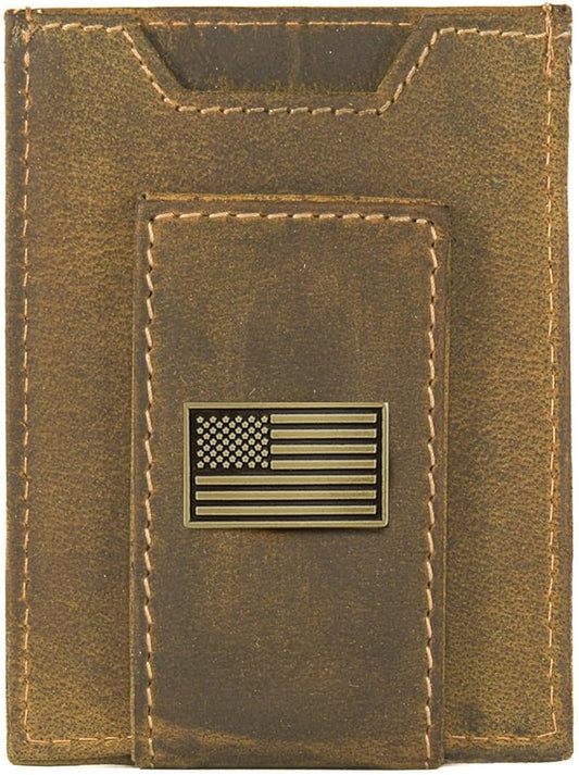 ZEP-PRO American Flag Vintage Tan Leather Magnetic Front Pocket Wallet, Slim Stylish for Men