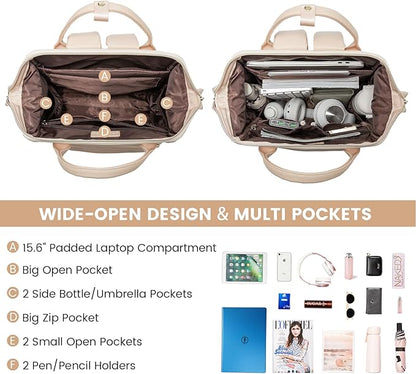 LOVEVOOK Leather Backpack for Women, 15.6 inch Laptop Backpack, Professional Work & Travel Bag, Beige-Flesh Beige