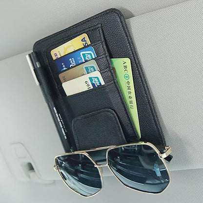 Black Small Car Sun Visor Organizer with Clip, Sunglasses Holders for Car Sun Visor PU Auto Interior Accessories Storage Travel Document Holder with Multi Pocket