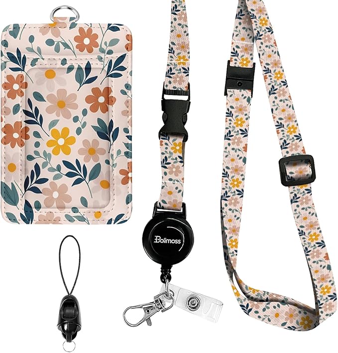 bolimoss Cute Teacher Lanyard with Id Holder, Floral Leather Lanyards for ID Badges, Breakaway Neck Lanyards with Retractable Badge Reels Quick-Release Buckles and Adjustable Straps for Nurse Work