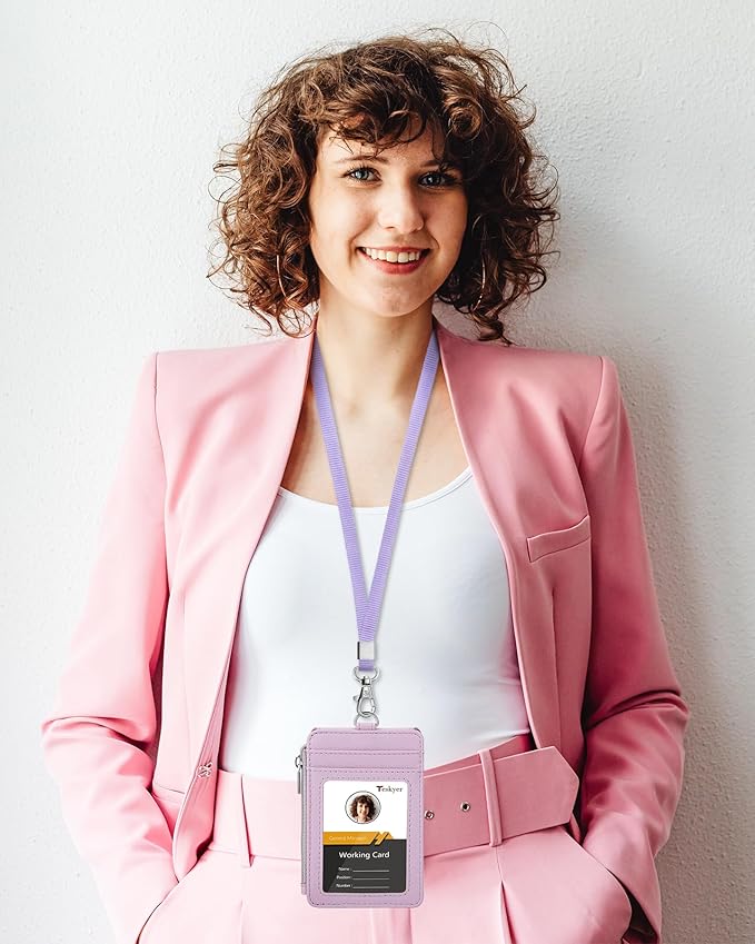 Teskyer Badge Holder with Side Zip Pocket, Multiple Card Slots Leather ID Holder Wallet with Neck Lanyard for Office Staffs, Teachers/Students, Workers, Cruise Cards, Bus/Metro Cards, Lichee Lilac