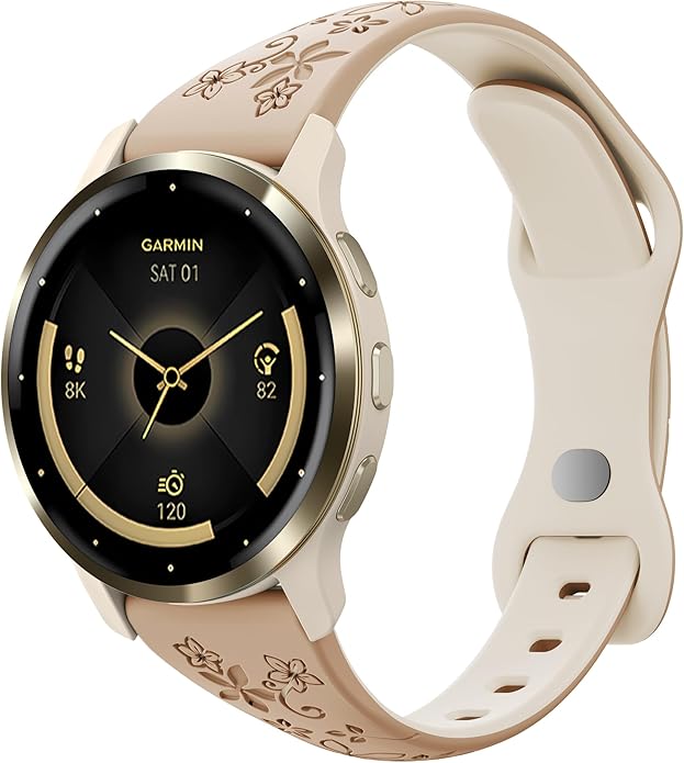 Laband 18mm Floral Engraved Band Compatible With Garmin Venu 3S 41mm/Venu 2S/Vivoactive 4S/Vivomove 3S/Venu 4 41mm/Forerunner 255S/Forerunner 265S,Soft Slim Silicone Cute Embossed Flower Strap for Men