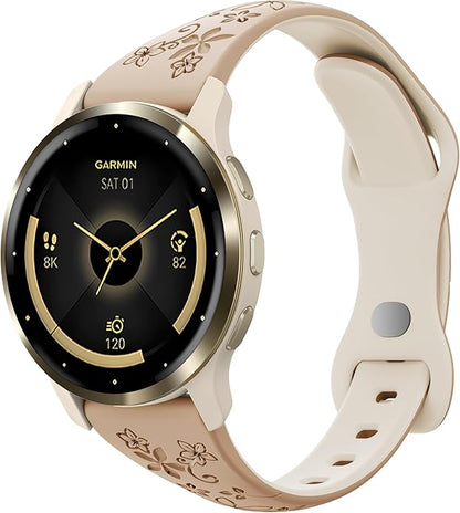 Laband 18mm Floral Engraved Band Compatible With Garmin Venu 3S 41mm/Venu 2S/Vivoactive 4S/Vivomove 3S/Venu 4 41mm/Forerunner 255S/Forerunner 265S,Soft Slim Silicone Cute Embossed Flower Strap for Men
