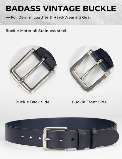 Mens Heavy Duty Full Grain Leather Belt - 1 1/2 Italian Genuine Leather with Sturdy Buckle for Jeans Casual Pants