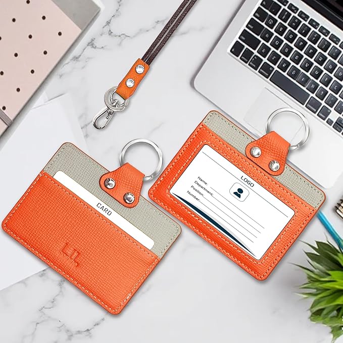 Badge Holder: Boshiho Cowhide Leather ID Badge Card Holder with 19" Neck Lanyard, Horizontal Style (Orange)