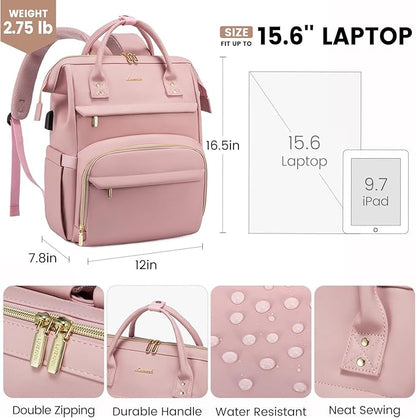 LOVEVOOK Leather Laptop Backpack for Women 15.6 inch, Travel Purse with USB Port, Pink