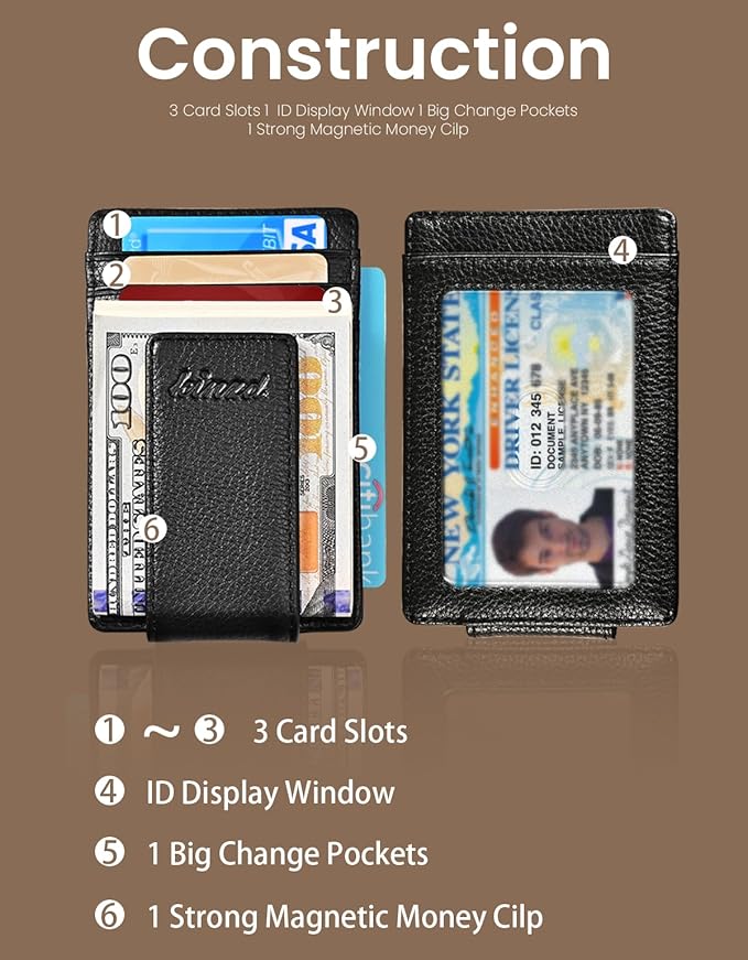 kinzd Money Clip, Front Pocket Wallet, Leather RFID Blocking Strong Magnet thin Wallet | RFID Blocking, Strong Magnet, thin