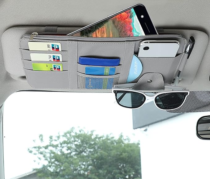 Car Sun Visor Organizer, Multifunctional Leather Sun Visor Organizer Sunglass Holder with Zipper for Car Interior Truck Accessories Men Women (Gray)