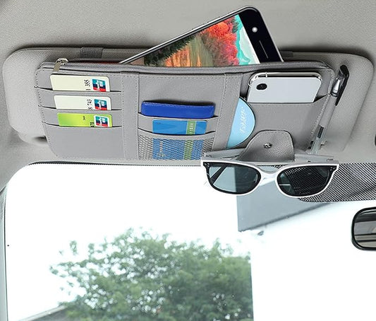 Car Sun Visor Organizer, Multifunctional Leather Sun Visor Organizer Sunglass Holder with Zipper for Car Interior Truck Accessories Men Women (Gray)
