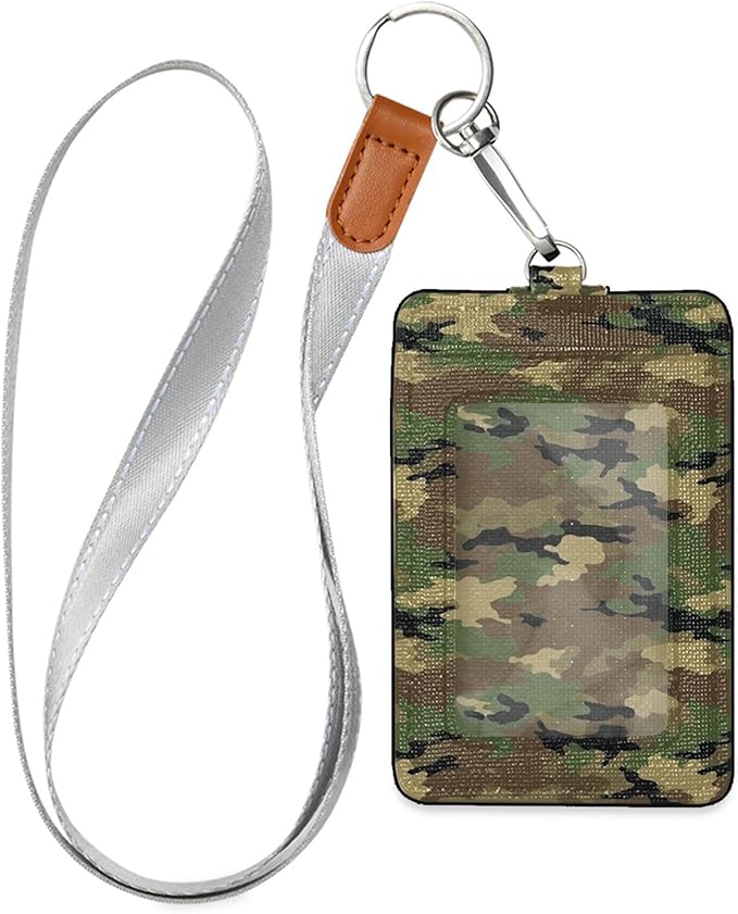 Badge Holder, Army Camouflage PU Leather School College Business ID Badge Card Holder Wallet Case with 1 Clear Window, 2 Credit Card Slots and Detachable Neck Lanyard - Vertical
