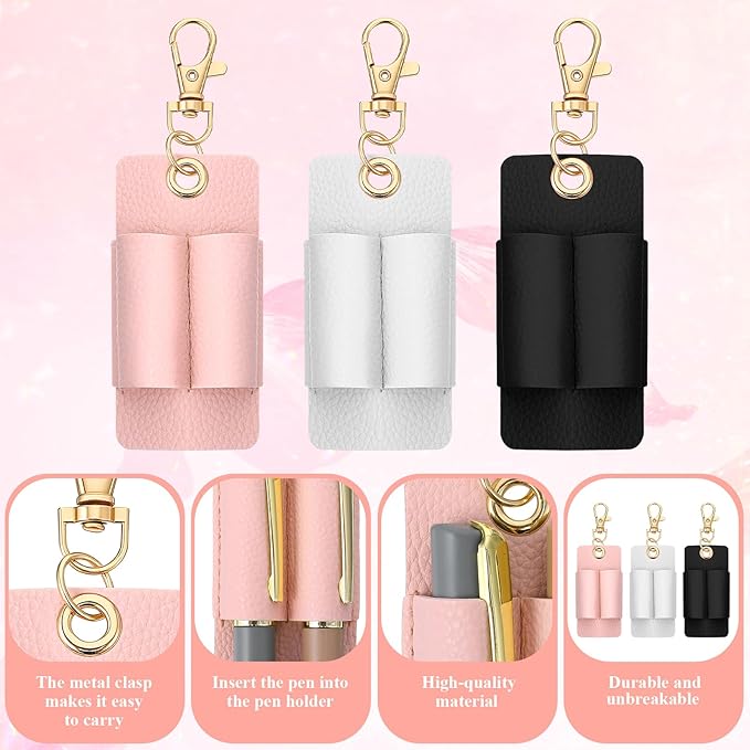 3 Pcs Pen Holder for Lanyard Double Hole Genuine Leather Pen Holder with Keychain Lanyard Attachment Portable Pocket Clip for Nurses Couriers Clerks (Black White Pink)