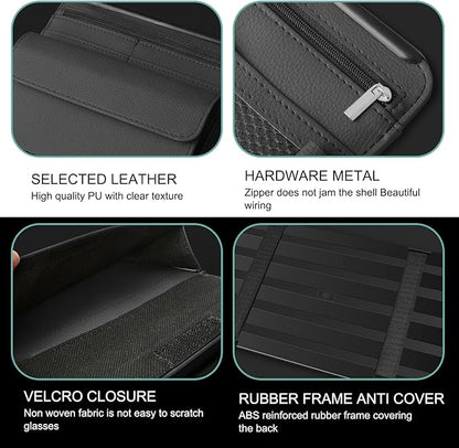 MLY Car Sun Visor Organizer, Leather Sunglasses Note Pen Card Holder with Multi-Pocket Net Zipper Storage Bag, Scratch-Resistant Car Sun Visor Organizer for Truck, Cars Interior Accessories (Black)