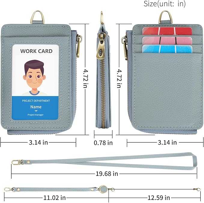 Wason Badge Holder Card Wallet Real Leather with Zipper, Detachable Neck Lanyard, Hand Strap, Retractable Badge Reel, Multi Purpose Case for ID Permit Badge Coin Key Driver's License (Light Blue)